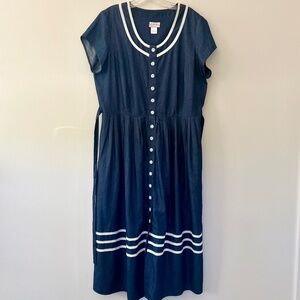 Lanz of Salzburg NWOT Dark Chambray Midi Dress Grosgrain Buttons pockets Size L